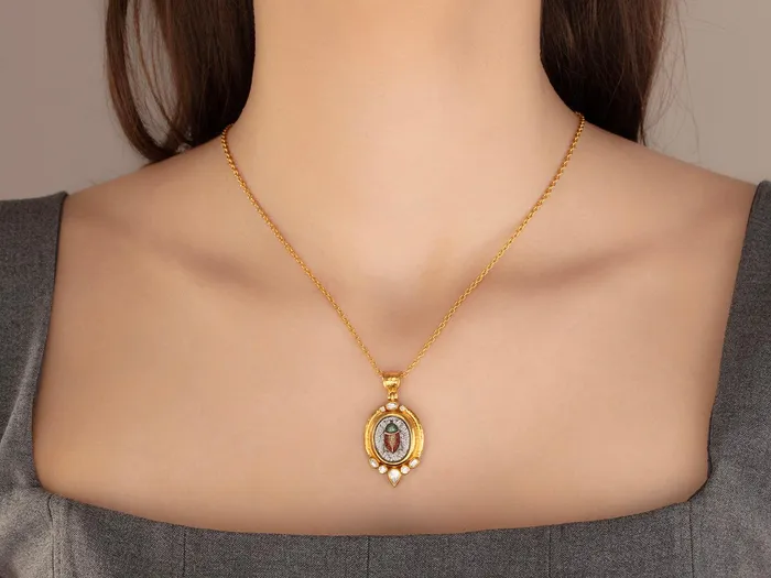 Necklaces GURHAN Antiquities Gold Micro Mosaic Pendant Necklace 19x16mm Oval Scarab set in Wide Frame GG GOLD OOAK Necklaces GURHAN Antiquities Gold Micro Mosaic Pendant Necklace 19x16mm Oval Scarab set in Wide Frame GG GOLD OOAK