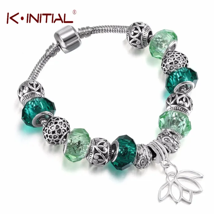 sparklingselections Bracelets Silver Plated Lotus Pendant Bracelets with European Beads Girl Bracelet sparklingselections Bracelets Silver Plated Lotus Pendant Bracelets with European Beads Girl Bracelet