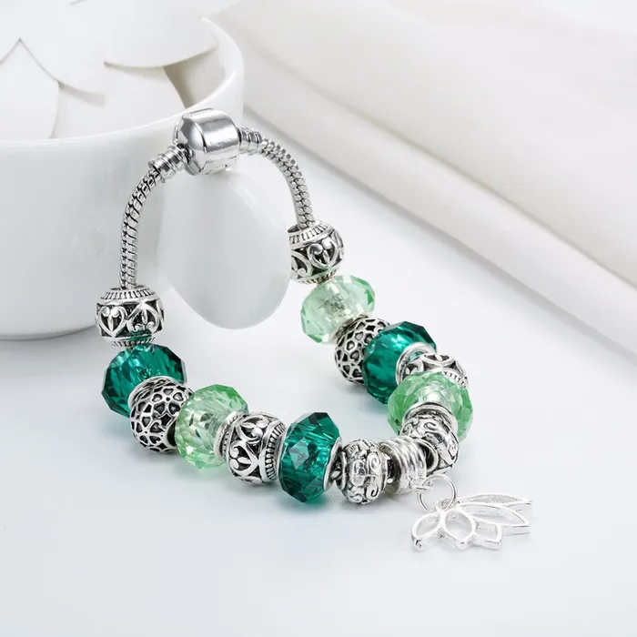 sparklingselections Bracelets Silver Plated Lotus Pendant Bracelets with European Beads Girl Bracelet