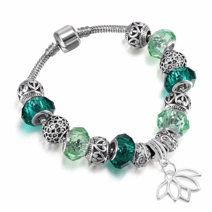 sparklingselections Bracelets Silver Plated Lotus Pendant Bracelets with European Beads Girl Bracelet
