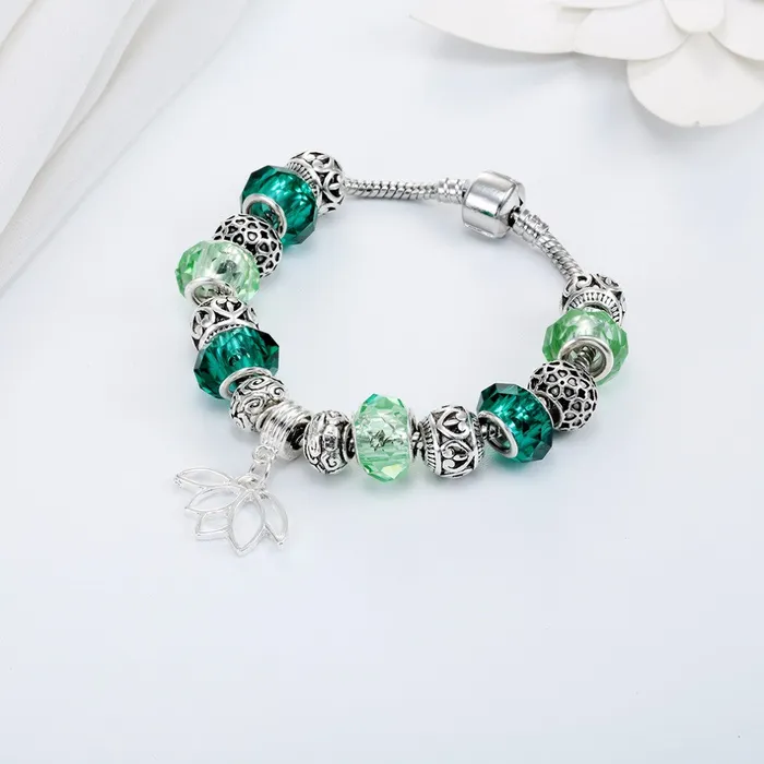 sparklingselections Bracelets Silver Plated Lotus Pendant Bracelets with European Beads Girl Bracelet