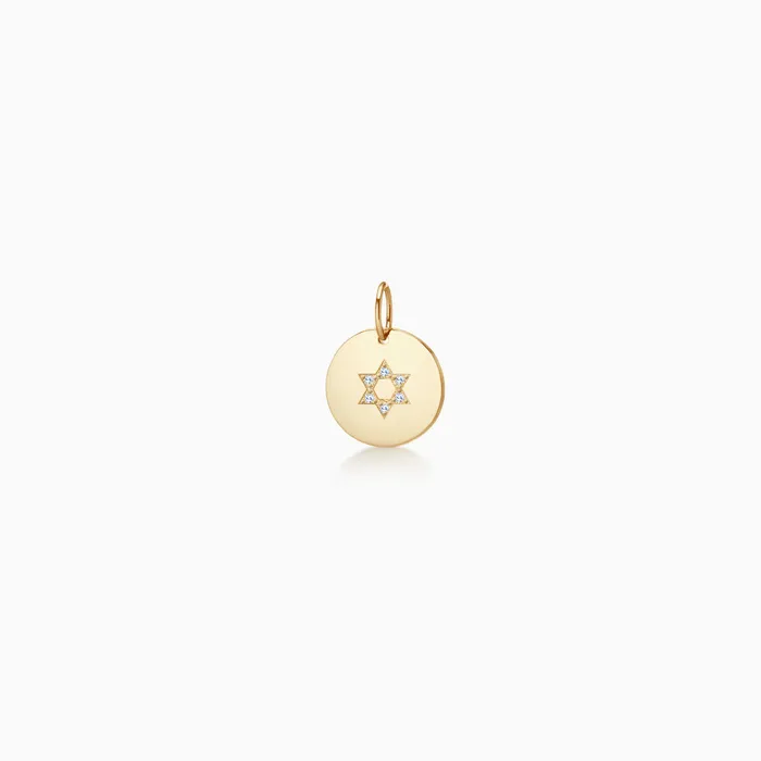 Necklaces Sandy Steven Engravers 12 inch 14k Yellow Gold Disc Charm Pendant with Diamond Star of David Engravable