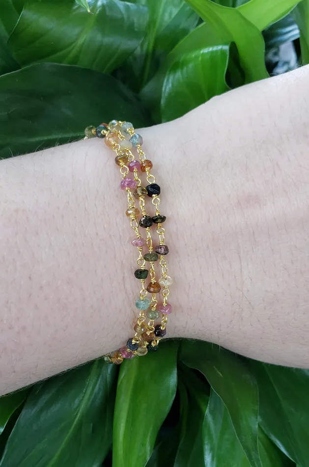 AVF Bracelets AVF Gold Filled Grandidierite Pink Sapphire Green Quartz Tourmaline Pearl Triple Strand Bracelet SI3660 SI3650