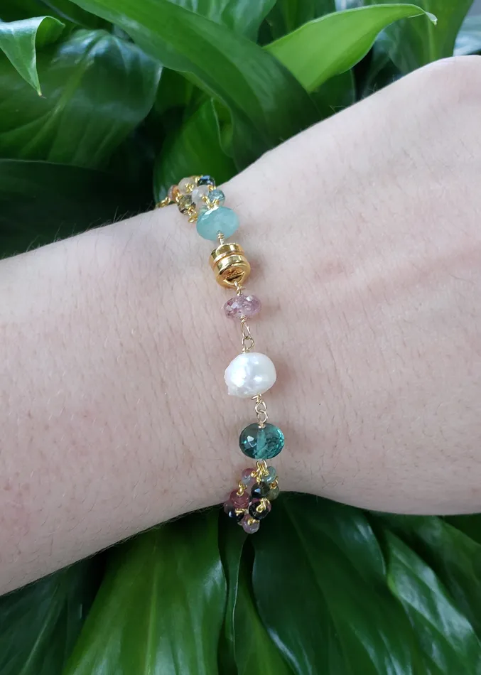 AVF Bracelets AVF Gold Filled Grandidierite Pink Sapphire Green Quartz Tourmaline Pearl Triple Strand Bracelet SI3660 SI3650 AVF Bracelets AVF Gold Filled Grandidierite Pink Sapphire Green Quartz Tourmaline Pearl Triple Strand Bracelet SI3660 SI3650