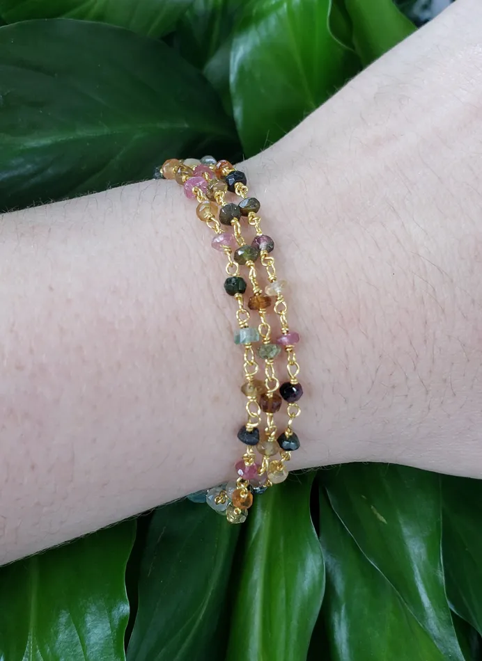 AVF Bracelets AVF Gold Filled Grandidierite Pink Sapphire Green Quartz Tourmaline Pearl Triple Strand Bracelet SI3660 SI3650 AVF Bracelets AVF Gold Filled Grandidierite Pink Sapphire Green Quartz Tourmaline Pearl Triple Strand Bracelet SI3660 SI3650