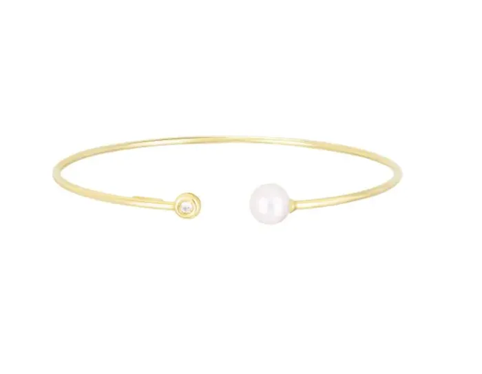 Bracelets Royal Chain 14k Yellow Gold Freshwater Pearl Bezel Diamond Open Flex Bracelet I8111