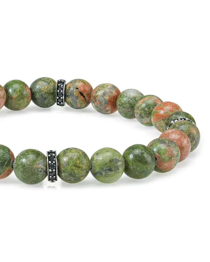 Bracelets YoTreasure Unakite Black Spinel 925 Sterling Silver Stretchable Beads Bracelet 7 For Mens Jewelry