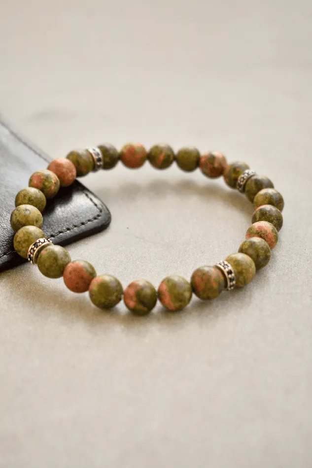 Bracelets YoTreasure Unakite Black Spinel 925 Sterling Silver Stretchable Beads Bracelet 7 For Mens Jewelry