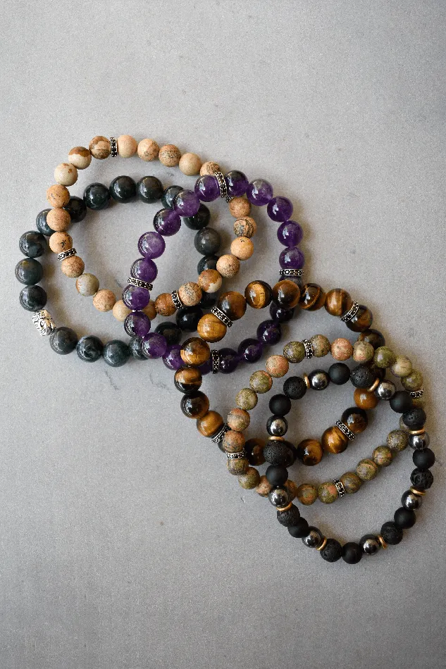 Bracelets YoTreasure Unakite Black Spinel 925 Sterling Silver Stretchable Beads Bracelet 7 For Mens Jewelry