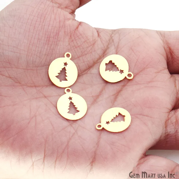 Christmas Tree Round Shape Laser Finding Gold Plated 13x16mm Charm For Bracelets Pendants GemMartUSA Necklaces