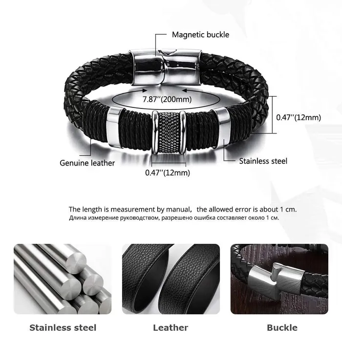 Classic Bracelets for Men Stainless Steel and Genuine Leather Wide Bracelet Magnetic Buckle Trendy Design Great Gift customjewelryan Bracelets