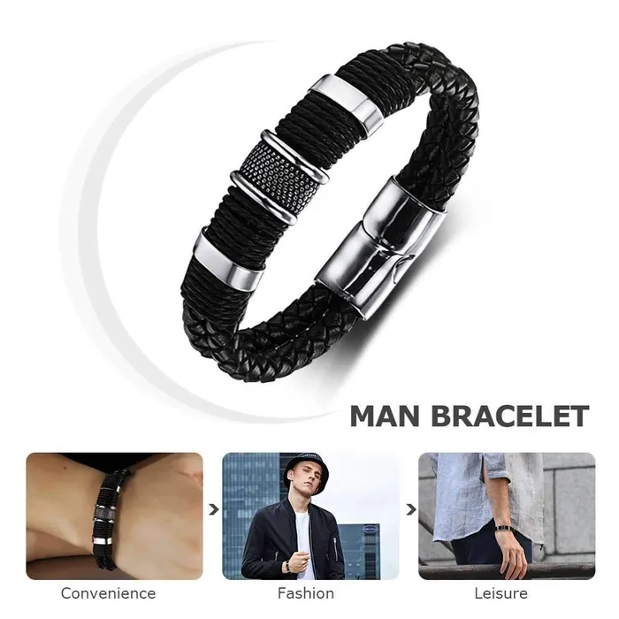Classic Bracelets for Men Stainless Steel and Genuine Leather Wide Bracelet Magnetic Buckle Trendy Design Great Gift customjewelryan Bracelets