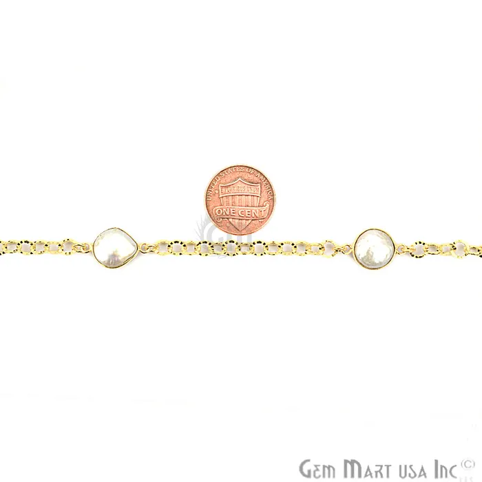 GemMartUSA Necklaces Freshwater Pearl 10mm Round Gold Plated Bezel Connector Chain