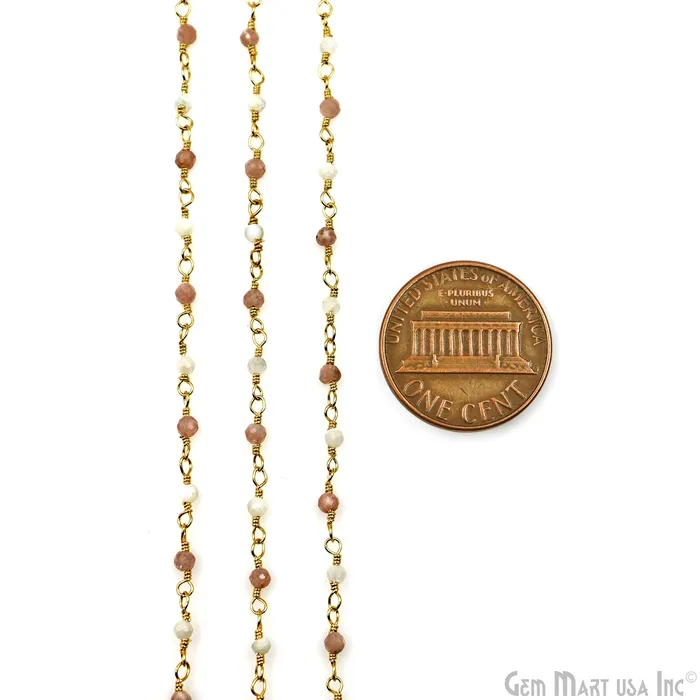 GemMartUSA Necklaces Rhodochrosite Mother Of Pearl Gold Plated Wire Wrapped Gemstone Beads Rosary Chain