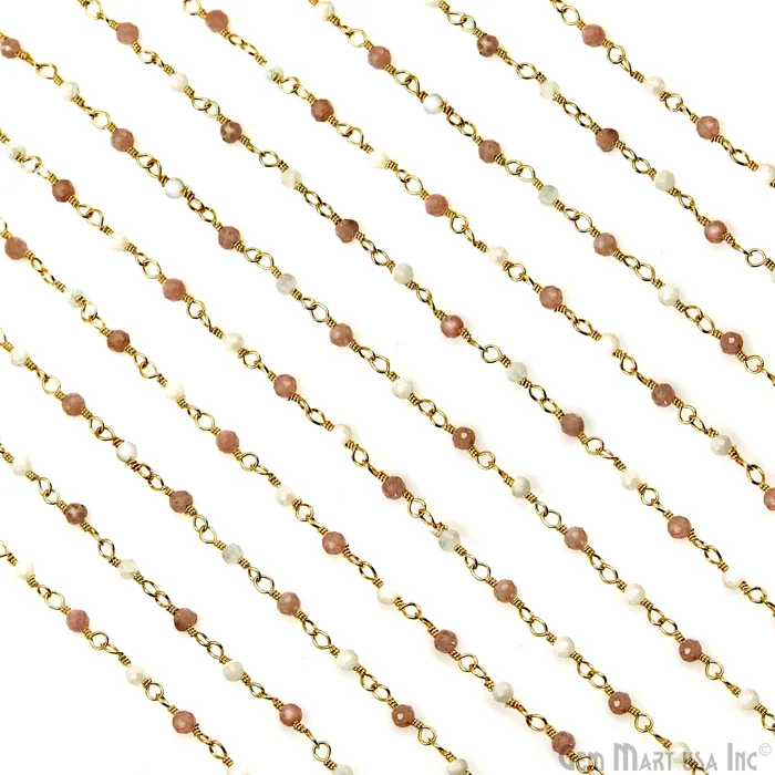 GemMartUSA Necklaces Rhodochrosite Mother Of Pearl Gold Plated Wire Wrapped Gemstone Beads Rosary Chain