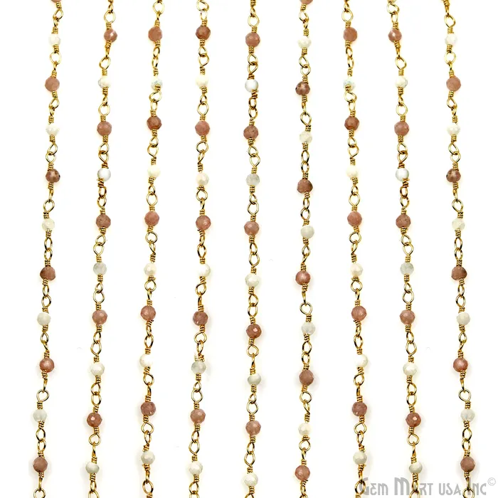 GemMartUSA Necklaces Rhodochrosite Mother Of Pearl Gold Plated Wire Wrapped Gemstone Beads Rosary Chain