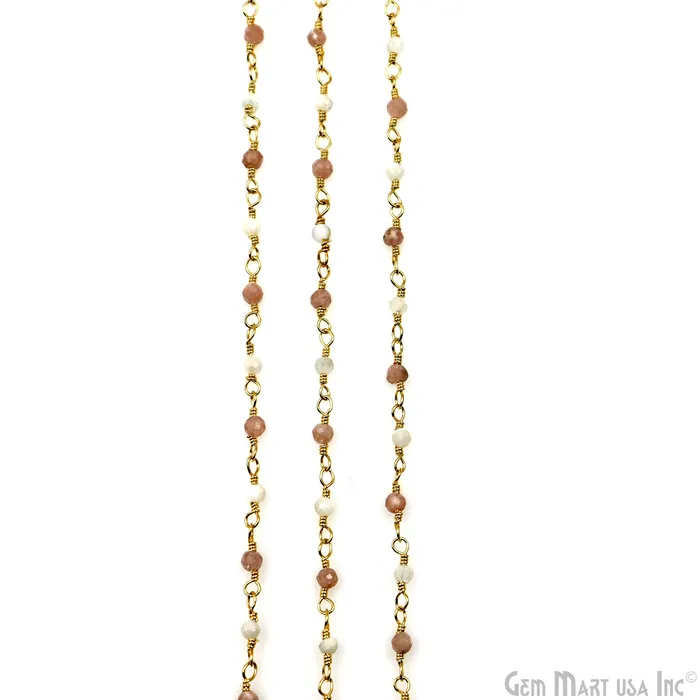 GemMartUSA Necklaces Rhodochrosite Mother Of Pearl Gold Plated Wire Wrapped Gemstone Beads Rosary Chain