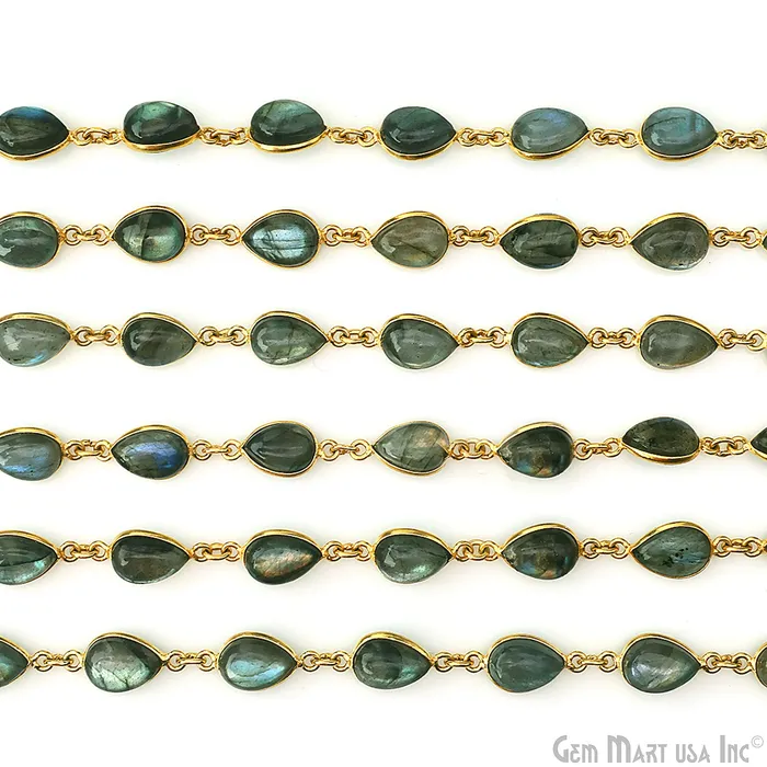 Labradorite 7x10mm Pears Gold Plated Bezel Cabochon Continuous Connector Chain GemMartUSA PreStyled Sets Labradorite 7x10mm Pears Gold Plated Bezel Cabochon Continuous Connector Chain GemMartUSA PreStyled Sets