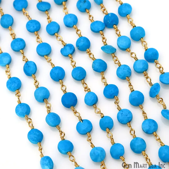 PreStyled Sets GemMartUSA Turquoise Coin 56mm Gold Wire Wrapped Rosary Chain