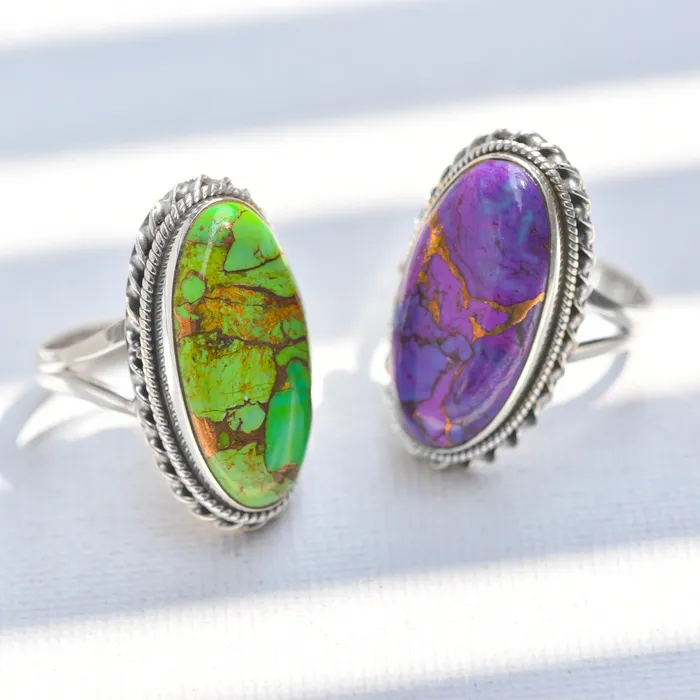 Rings YoTreasure Green Copper Turquoise Solid 925 Sterling Silver Ring Genuine Gemstone Jewelry