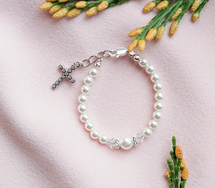 Sterling Silver Simulated Pearl Cross Bracelet for Baby Baptism or Communion Cherished Moments Bracelets
