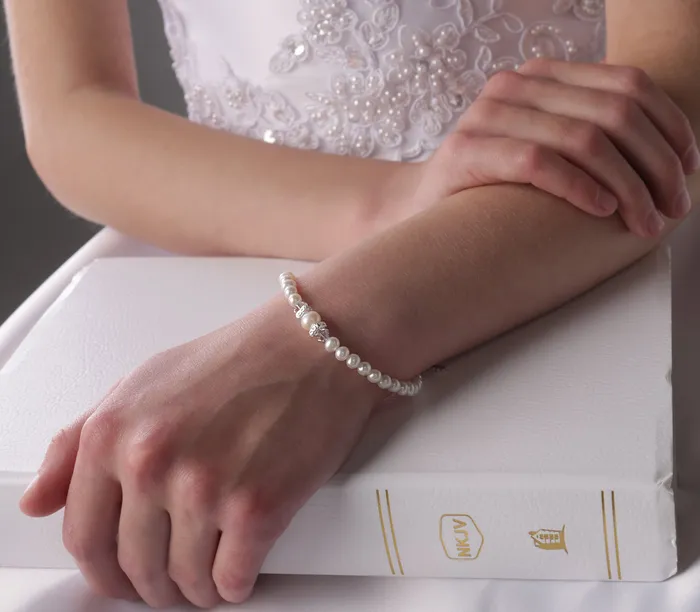 Sterling Silver Simulated Pearl Cross Bracelet for Baby Baptism or Communion Cherished Moments Bracelets