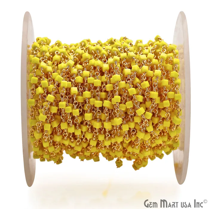 Yellow Agate Cube Faceted 2mm Gold Wire Wrapped Rosary Chain GemMartUSA PreStyled Sets