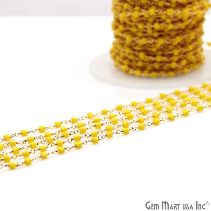 Yellow Agate Cube Faceted 2mm Gold Wire Wrapped Rosary Chain GemMartUSA PreStyled Sets