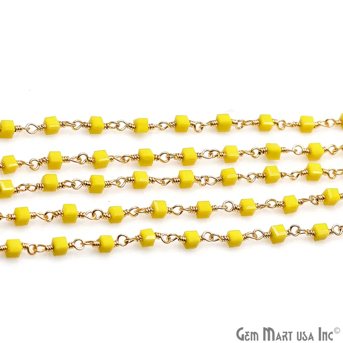 Yellow Agate Cube Faceted 2mm Gold Wire Wrapped Rosary Chain GemMartUSA PreStyled Sets