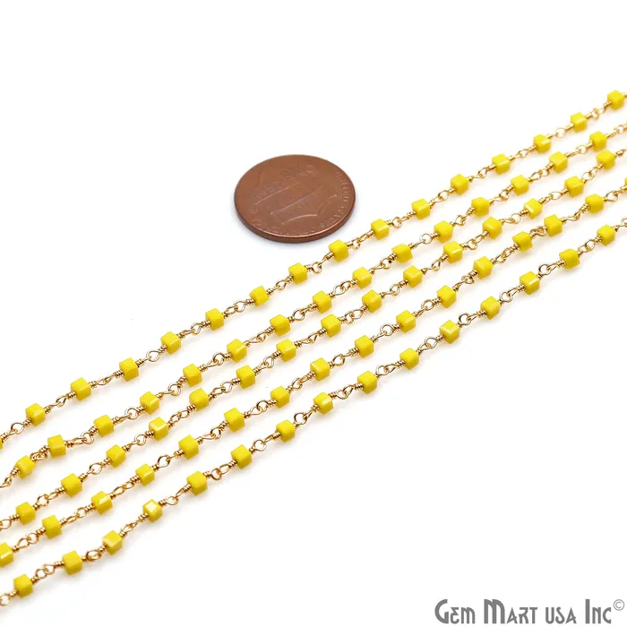 Yellow Agate Cube Faceted 2mm Gold Wire Wrapped Rosary Chain GemMartUSA PreStyled Sets