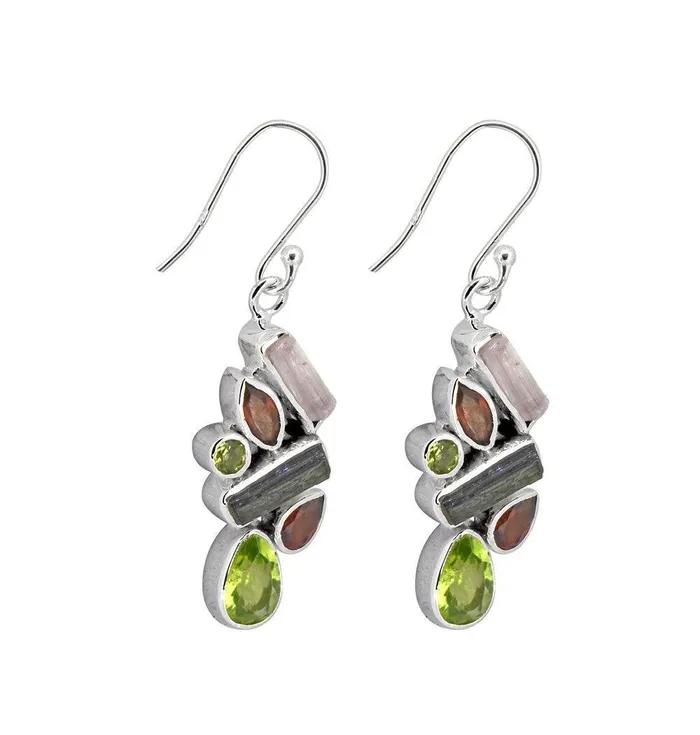 YoTreasure Earrings 157 Rough Tourmaline Garnet Peridot Solid 925 Sterling Silver Dangle Earrings Jewelry